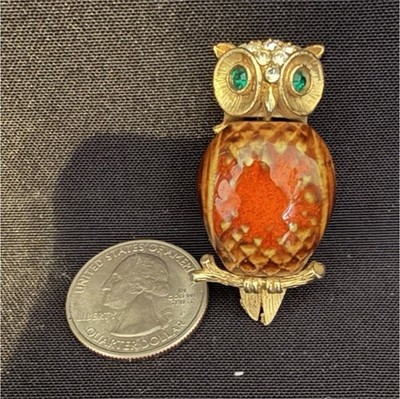 Owl Brooch Gold Tone Orange Enamel Green Eyes Clear Rhinestones Cluster