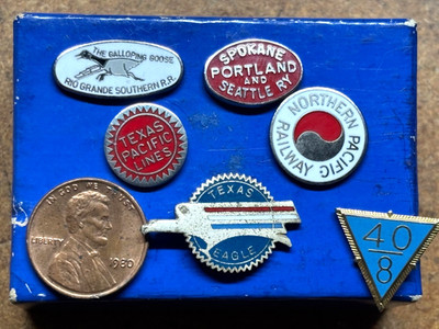 Lot 6 vtg TRAIN RAILWAY Lapel Tie PIN Texas Pacific Eagle RIO GRANDE Portland
