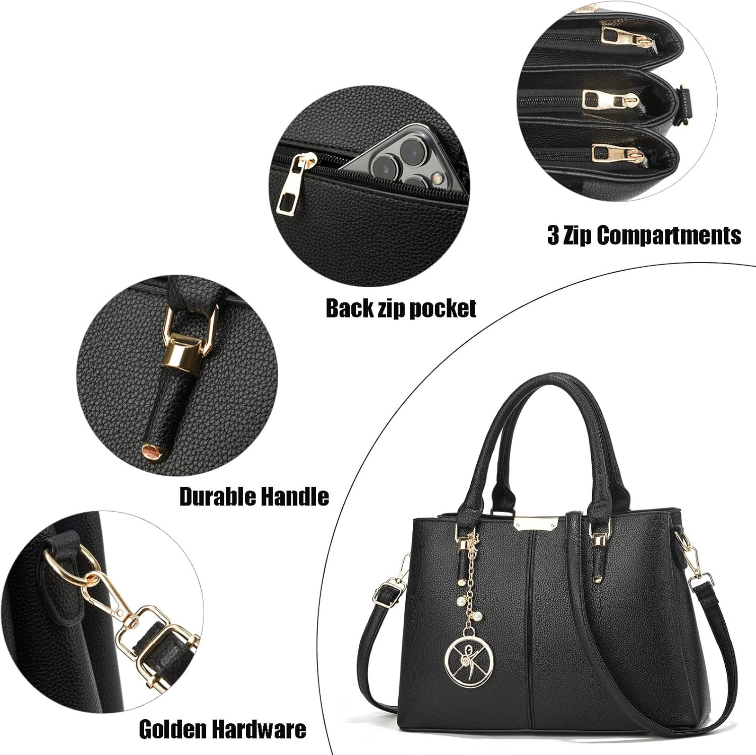 Purse and Handbags for Women, 3 Zip Compartments Tote Bag Designer Shoulder Purs thumbnail 6