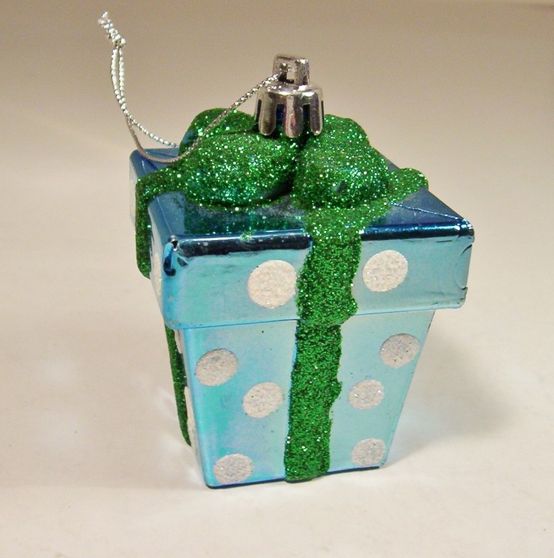 Christmas Ornament Blue Wrapped Box White Pokadot Polka dot Green Ribbon