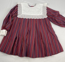 Jayne Copeland Size 4 Burgundy Blue Striped Dress Eyelet White Bib Collar VTG