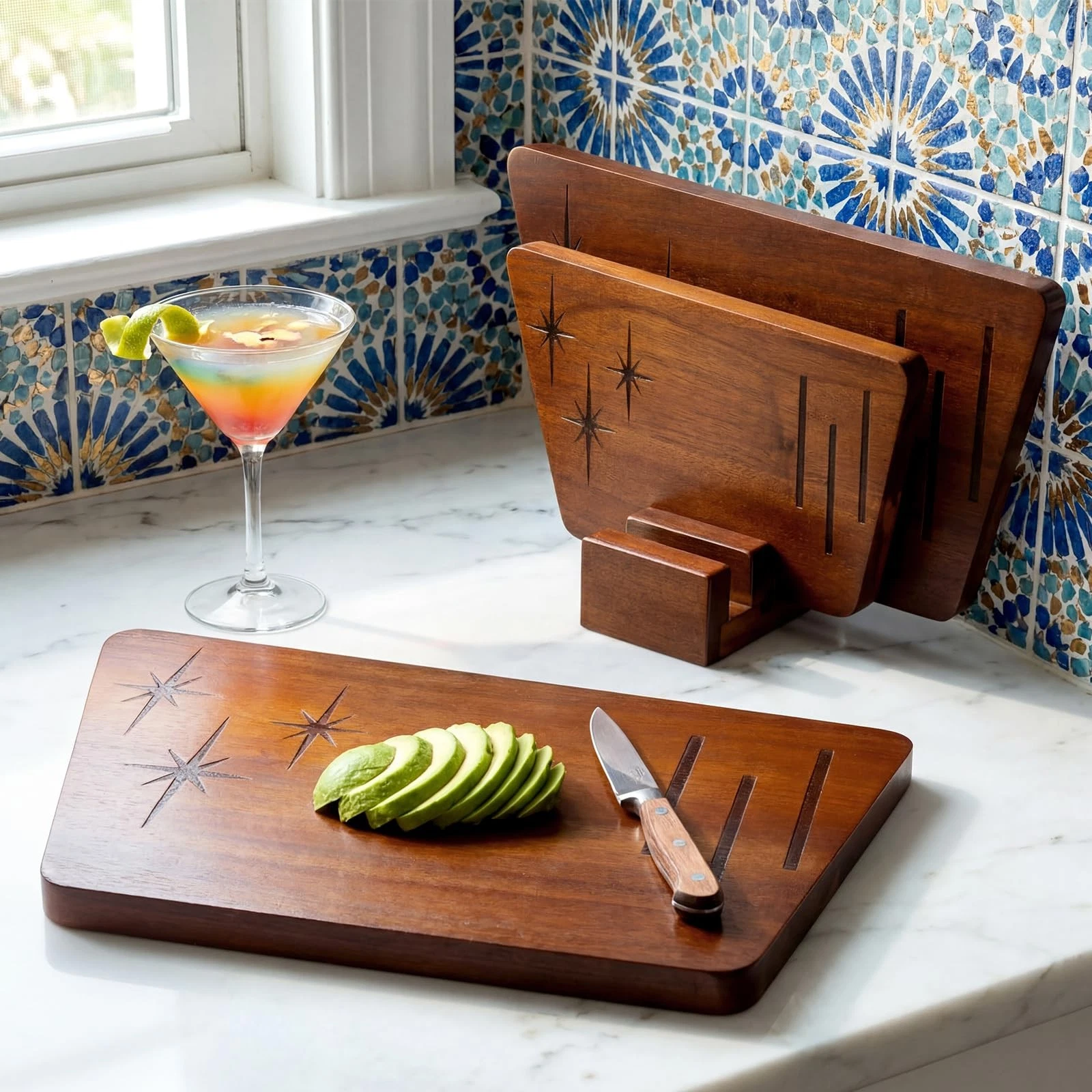 3 Pcs Cutting Board Set Mid Century Modern Solid Wood Boards with Stand Cast ...