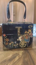 Vintage Black Wooden Box Purse Floral Decoupage Design 60s Maryjane Hippie Boho