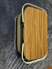 Vintage Green Stripe Picnic Basket, Wood Lid, White Metal Handles — photo 4