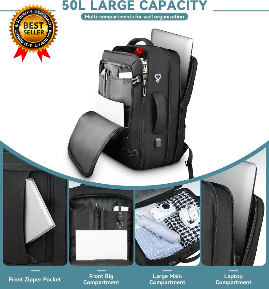Travel Backpack 50L Expandable Extra Large Laptop Backpack Carry on ...