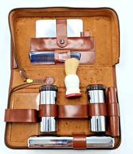 VINTAGE BRĄZOWA SKÓRA I CHROMOWANE ETUI PODRÓŻNE ZESTAW PIELĘGNACYJNY (NIEKOMPLETNY)
