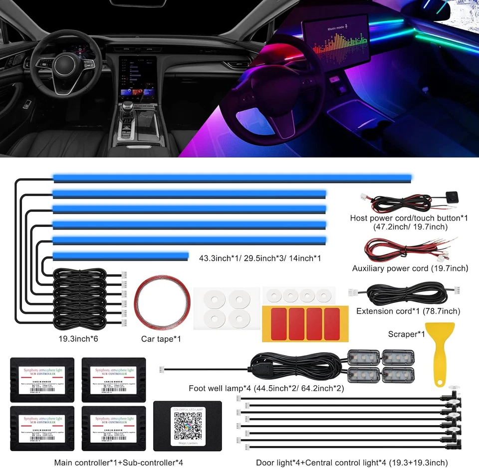 Striscia LED in Materiale Acrilico per Interni Auto, Con App Wireless, RGB 18 in - Immagine 2 di 4