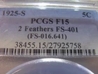 1925-S Buffalo Nickel, PCGS F-15, 2 Feathers, FS-401