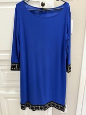 Tiana B Blue Beaded 3/4 Sleeve Shift Dress Knee Length Round Neck