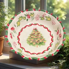 BOSTON WAREHOUSE Serving Bowl Scalloped Christmas Tree Floral Red Green Dish
