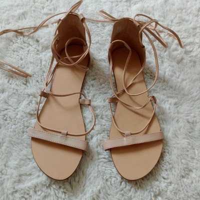 Miss Selfridge Leder Nude Rosa Riemchen Ankle Tie Gladiator Sandalen EU 38 UK 5