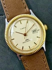 Vtg New 1985 TIMEX Men’s 34mm Mechanical Windup Watch Date Gold Steel Leather
