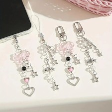 1pcs Fashion Love Pink Bead Bow Lanyard Door Buckle Mobile Phone Strap Key Chain