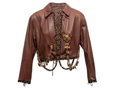 Brown Gianfranco Ferre Charm-Embellished Leather Jacket Size US S