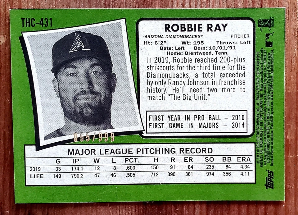 Robbie Ray 2020 Topps Heritage Chrome #THC-431 065/999 Short Print SP - Image 2 of 2