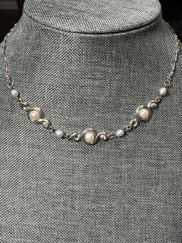 Vintage Sterling Silver Necklace Floral & Pearl Twisted Chain Rare Find
