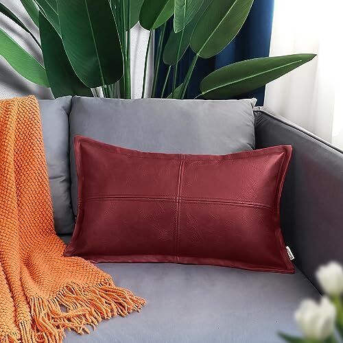 Burgundy Leather Throw Pillow 12 X 20 Inches, Faux 12" x 20" Burgundy-piping - Bild 2 von 6