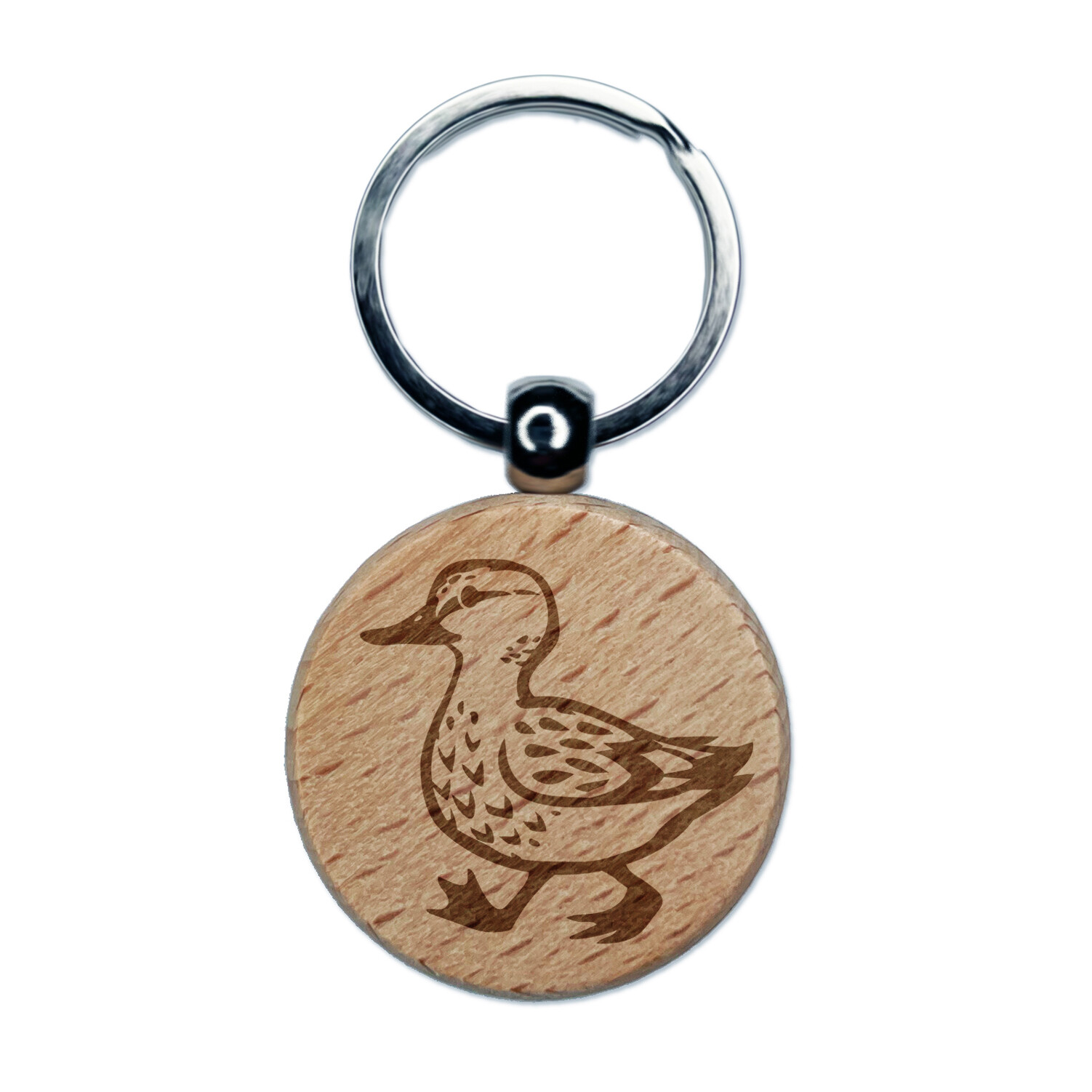 Cute Duck Walking Engraved Wood Round Keychain Tag Charm
