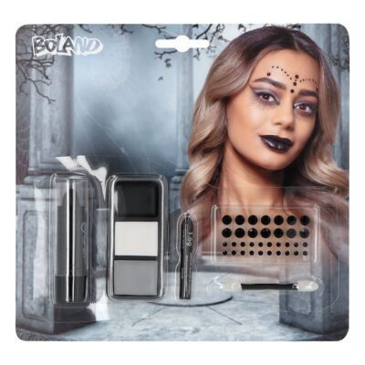 GOTISCHES HEXE GESICHTSMALSET MIT EDELSTEINEN & LIPPENSTIFT HALLOWEEN SCHICKES KLEID MAKE-UP