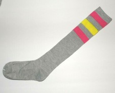 OLD SCHOOL knee high TUBE SOCKS Gray Pink Yello Juniors Size 9-11  1 pair  NEW