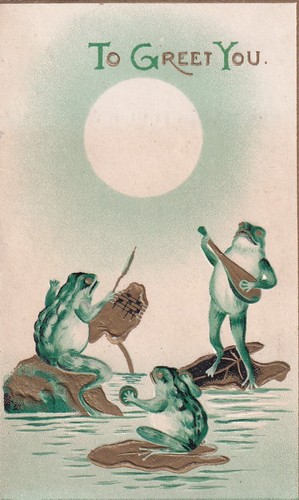 fantasy frogs on gilt lily pads play music, full moon, Tuck Christmas card