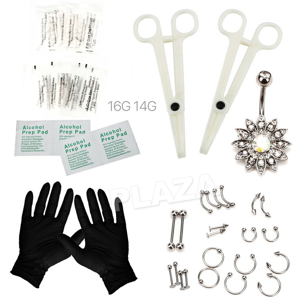41pcs Body Piercing Kit Needle Nipple Belly Tongue Eyebrow Nose Lip