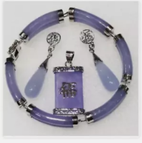 Noblet Genuino Jade Púrpura 2 Filas Pulsera + Pendientes + Colgante Collar Conjunto AAA - Imagen 4 de 6
