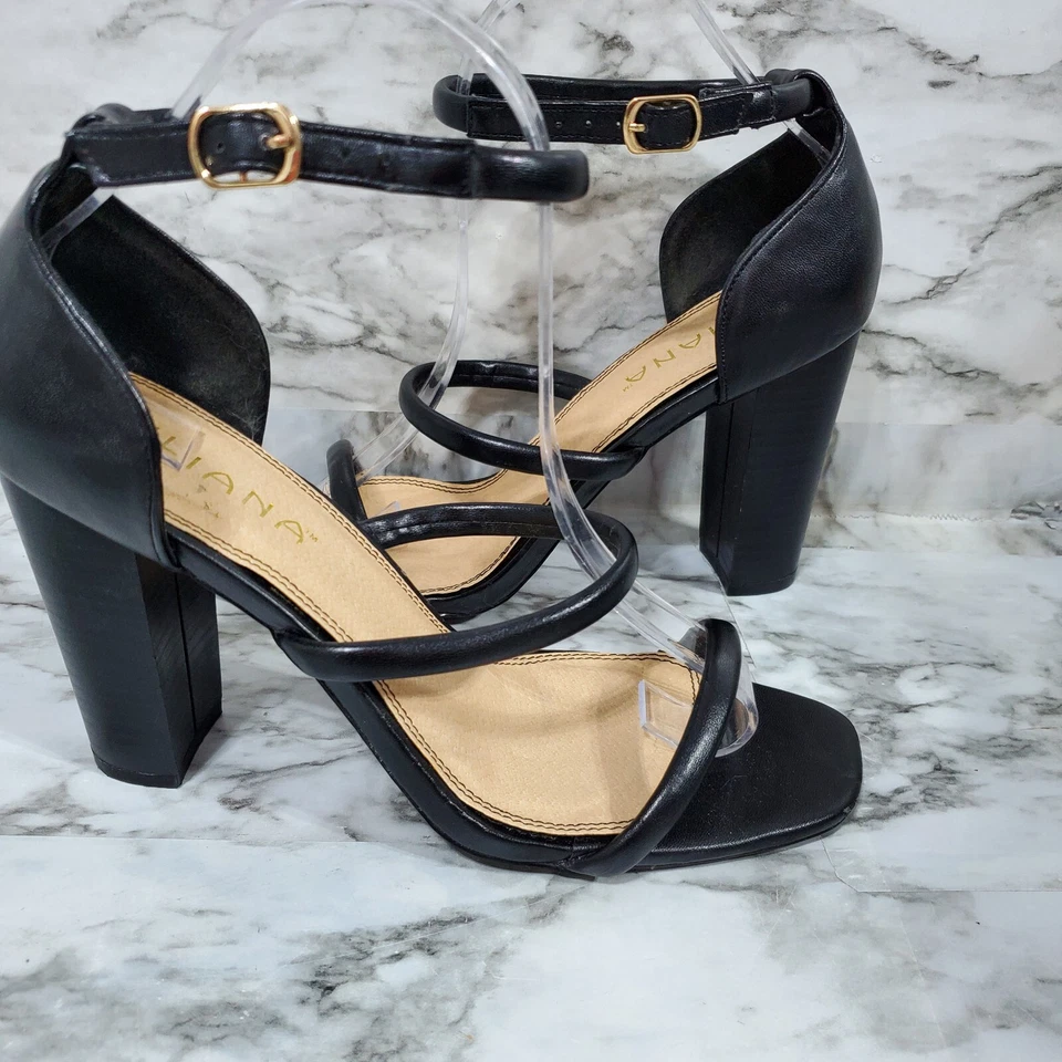 Sandalias Liliana para mujer 8,5 cuero negro correa al tobillo zapatos de tacón grueso Foto 3 de 4