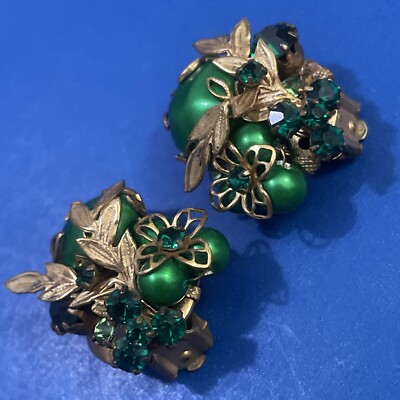 Vintage Rare Miriam Haskell? Green Pearl &rhinestone Earrings Gold Tone Clip 1 