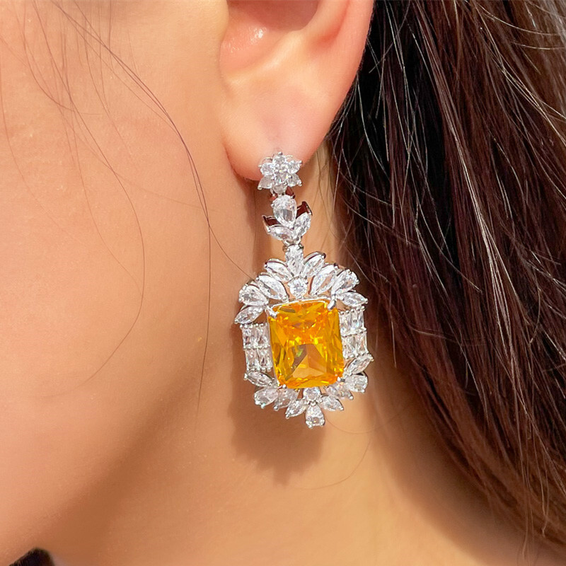 Lady Sparkling Silver Plated Yellow CZ Crystal Long Drop Earrings Bridal Jewelry