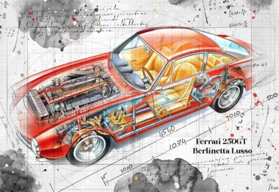 Line Tech Zeichnung Ferrari 250GT Berlinetta Lusso Cutaway Kunst Poster Druck