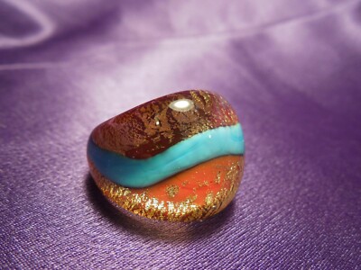 Murano Glass Ring Gold Leaf Accents Teal Stripe Art Blown Glass Size 6