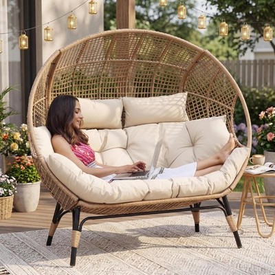 Oversized 2 Person Egg Chair with 6.5 Inch Thick Padded Cushions, Wicker