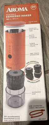 Aroma Portable Espresso Maker, orange color in box