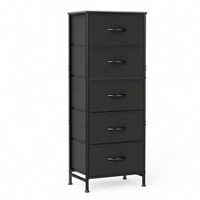 Modern 5 Drawer Fabric Dresser Sturdy Steel Storage Chest Wood Top Sleek Black