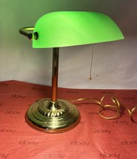 Vintage Desk Brass Bankers Lamp Green Glass Shade Pull Chain Switch