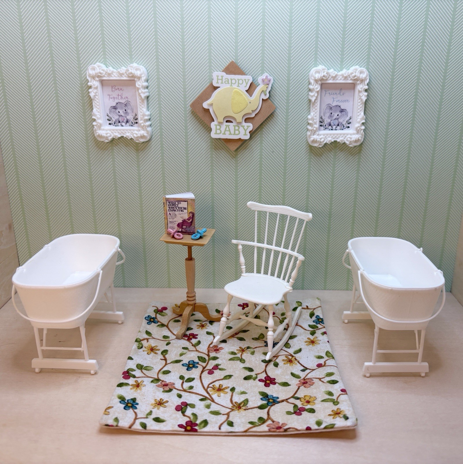 Dollhouse Miniature 1:12 Nursery Set For TWINS! 2 Bassinets Rocking Chair 11 Pcs