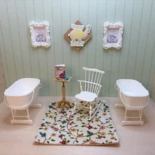 Dollhouse Miniature 1:12 Nursery Set For TWINS! 2 Bassinets Rocking Chair 11 Pcs