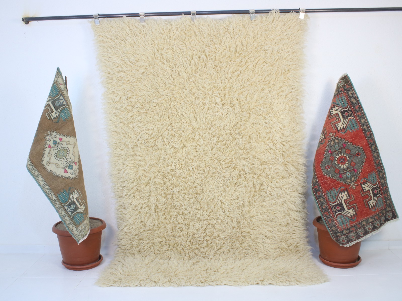 5x7 Turkish Handmade Shaggy Area Rug Beige Sheepskin 4.6x7.0 ft