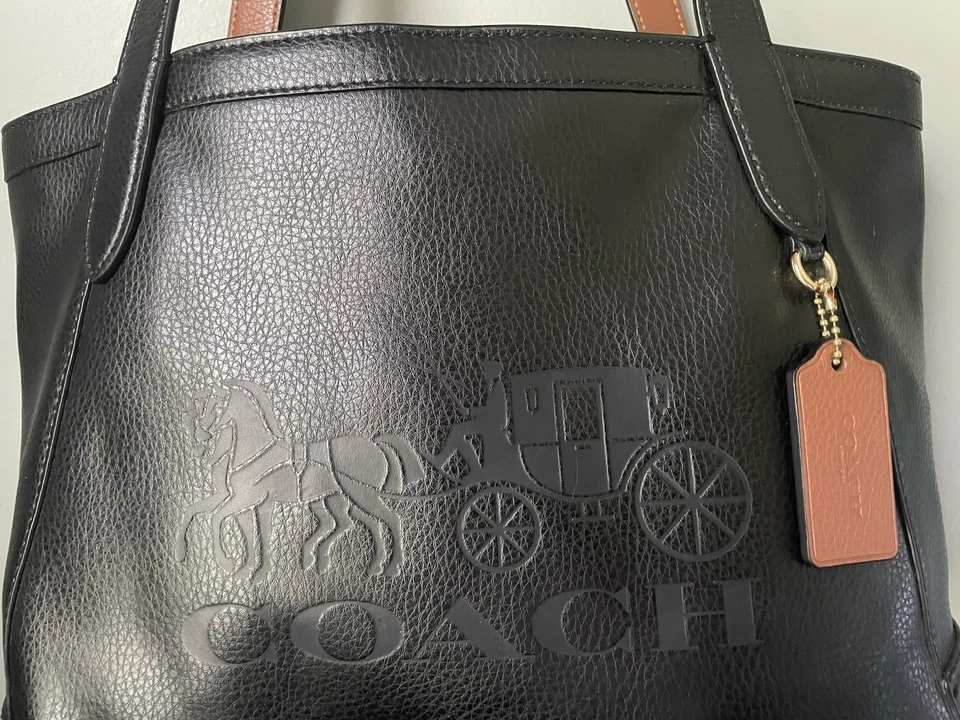 COACH Embossed Horse and Carriage Tote Bag Black Leather Red Interior Brown Trim - Image 3 of 4