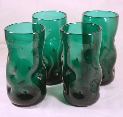 Set of 4 Blenko Vintage Emerald Green 6" Glass Tumblers Pinched