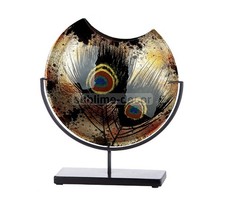 Enorme vaso in vetro artistico con piume di lusso 38 cm su supporto in metallo bellissimo