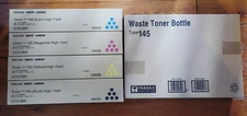 Genuine Ricoh Savin Lanier Set B/C/M/Y Color +waste bottle Cartridge Type 145 HY