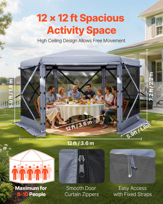 VEVOR 12x12 ft Pop-Up Screen Tent, 6-Sided Grey Camping Gazebo for 8-10