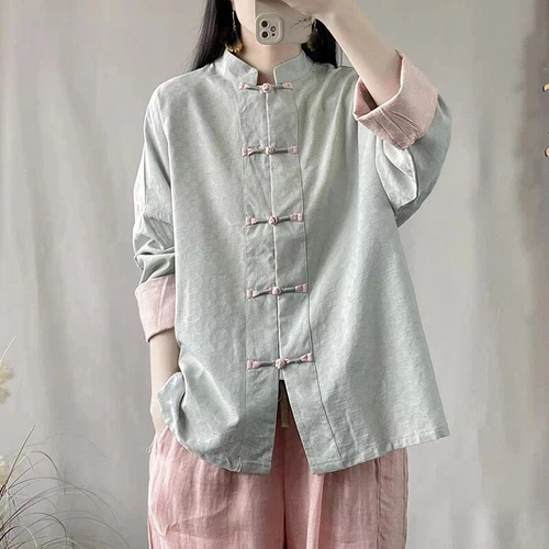 Chinese Style Cotton Linen Loose Shirt Tops Button Womens Casual Loose Blouses - Bild 1 von 11