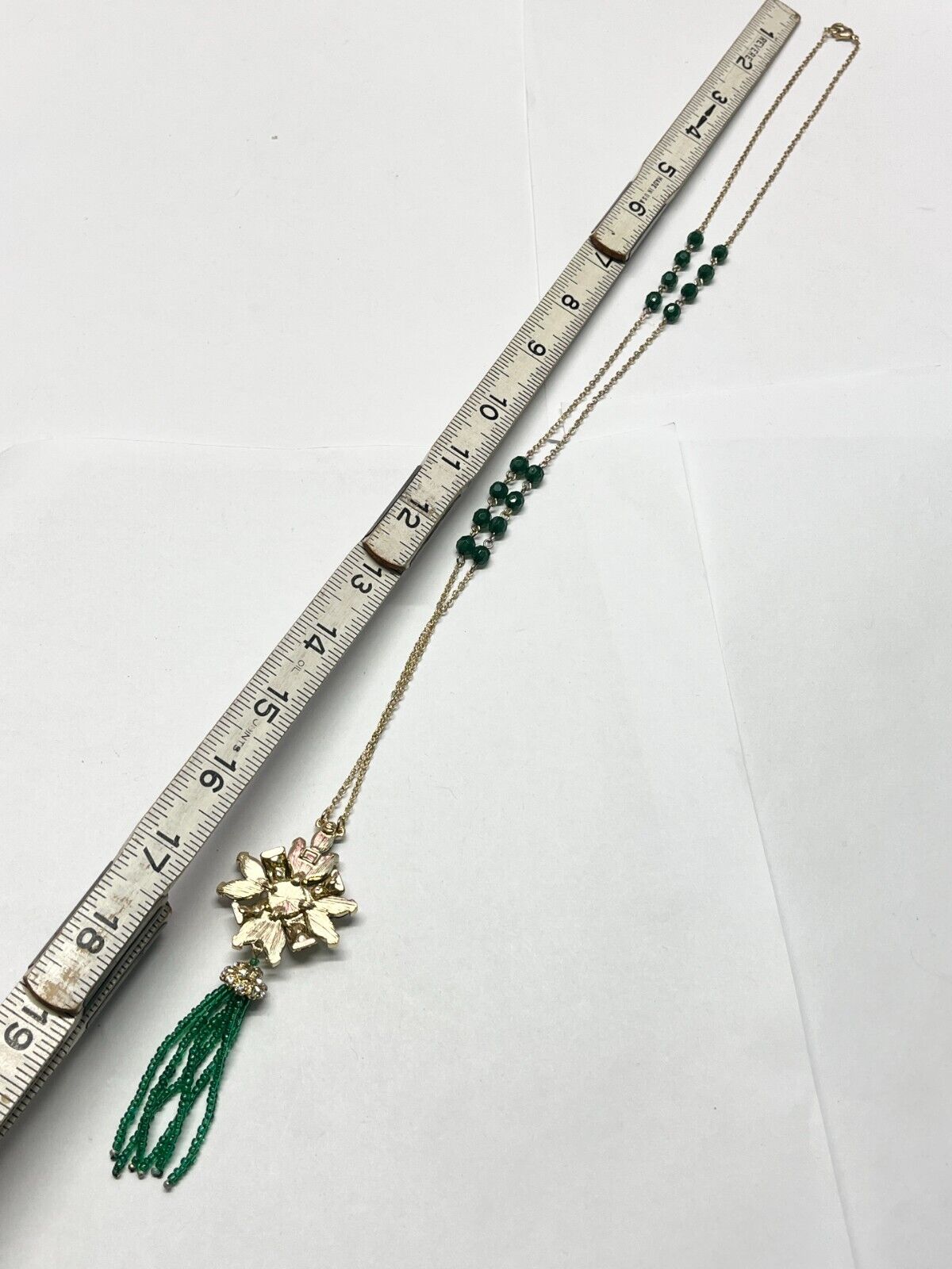 Vintage green rhinestone crystal tassel necklace - image 4