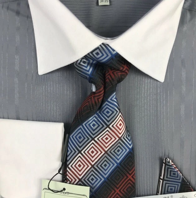 Camisa de vestir gris Fratello para hombre combo corbata pañuelo puños franceses tallas 17,5 - 19,5 Foto 2 de 3