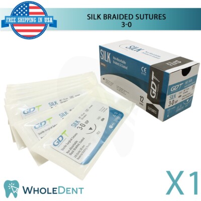 1X Silk Braided Suture Sewing Thread 3/8 Circle Reverse Sterile 3-0