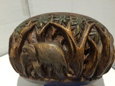 Hand Carved Wooden Bowl W/ Elephants in Jungle Theme