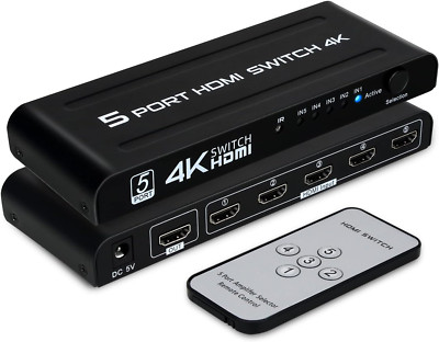 4K HDMI Switch 5 in 1 Out, 5 Port HDMI Switcher Selector Box with IR Remote C...